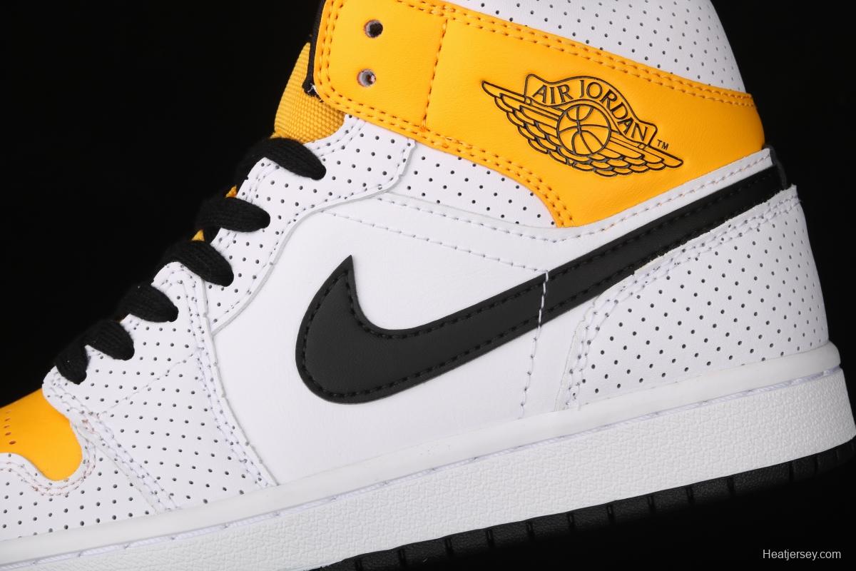 Air Jordan 1 Mid white, yellow and black Zhongbang basketball shoes BQ6472-107,