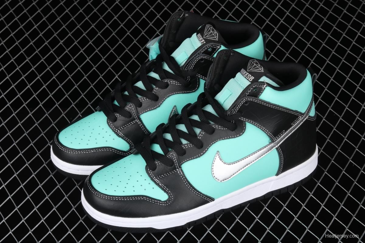 NIKE SB x Diamond DUNK Hi Tiffany joint name ice blue high top casual skateboard shoes 653599-400