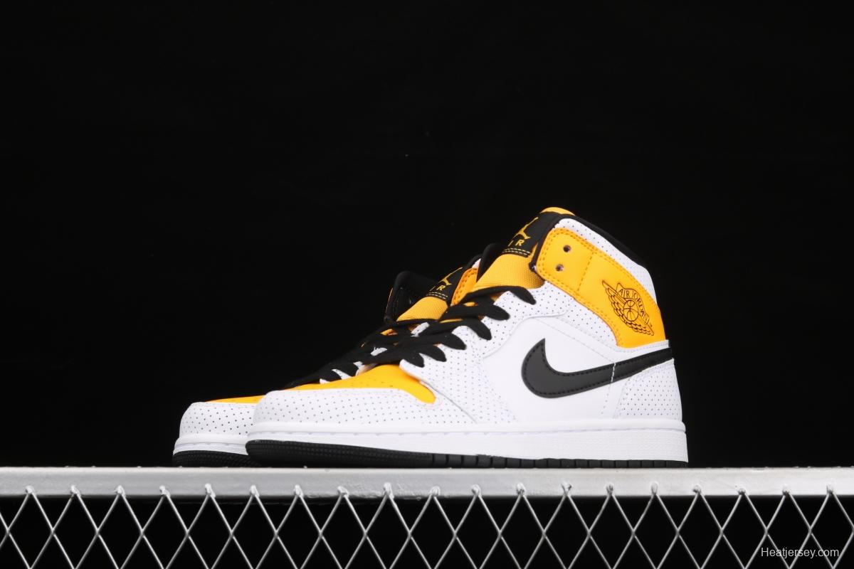 Air Jordan 1 Mid white, yellow and black Zhongbang basketball shoes BQ6472-107,