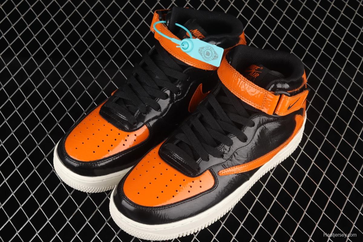 NIKE Air Force 1o07 Mid lacquered leather black orange color counterhook Zhongbang casual board shoes 804609-188