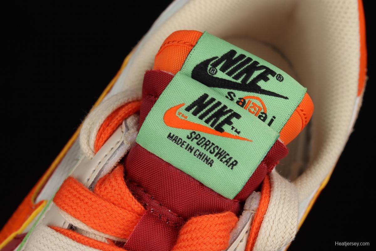 CLOT x Sacai x NIKE LDWaffle Net Orange Blaze joint overlapping design avant-garde waffle deformation rice orange color match casual jogging shoes DH1347-100