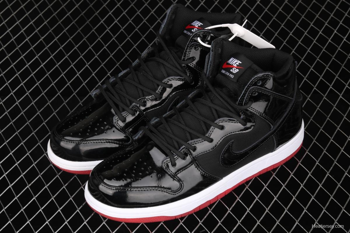 NIKE SB DUNK High Premium lacquered leather black and red high top casual skateboard shoes AJ7730-001