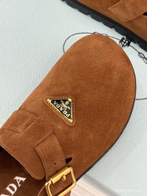 2025 Women Prada Brown Suede Slippers KFY00280