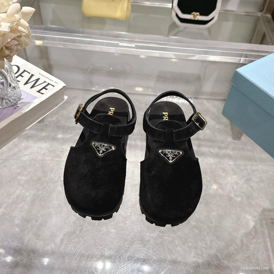 2025 Women Prada Black Suede Sandals LY00270