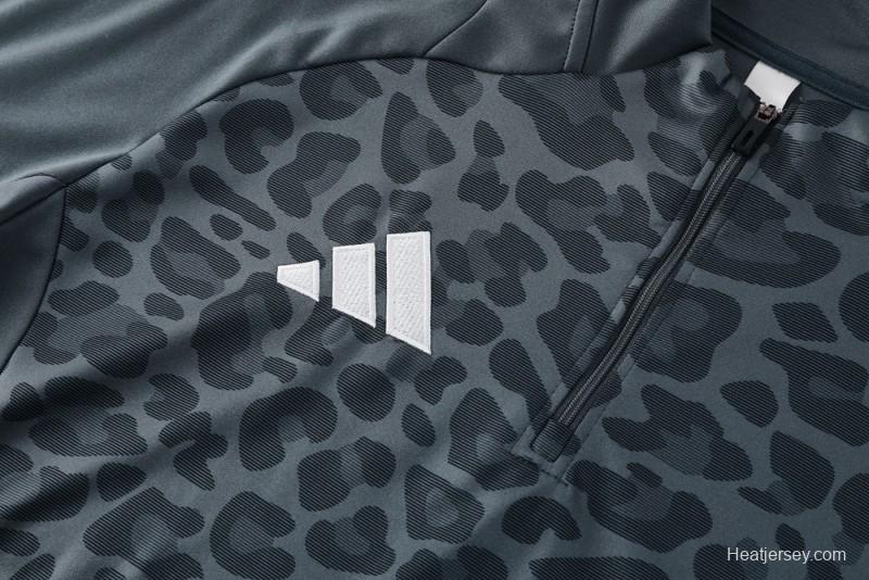 2025 Adidas Dark Grey & Black with Leopard Print Pattern and Orange Accents Half Zipper Jacket +Long Pants